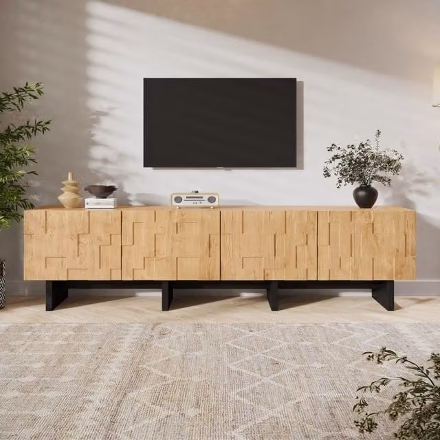 Mobile TV 180x38,5x45 cm per TV fino a 75", colore legno naturale, 4 ante con motivo a griglia waffle, ampio spazio contenitivo
