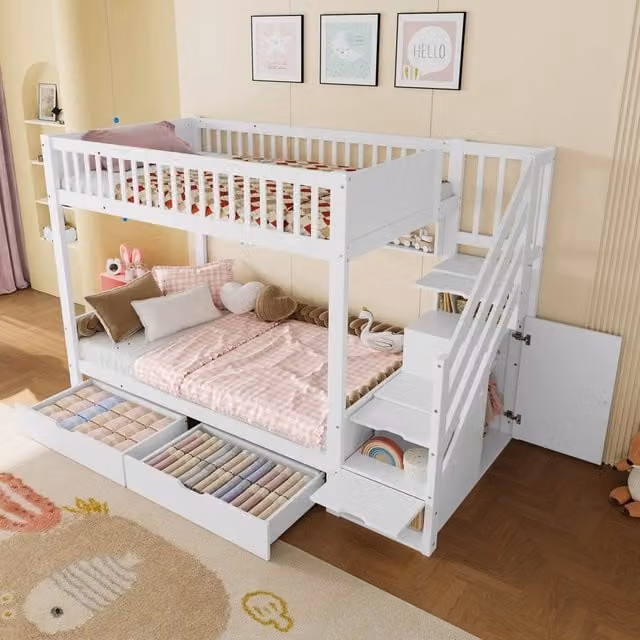 Letto a castello 90 × 200 cm con armadio, 2 cassetti, 4 ripiani e scala contenitore, senza materasso, bianco