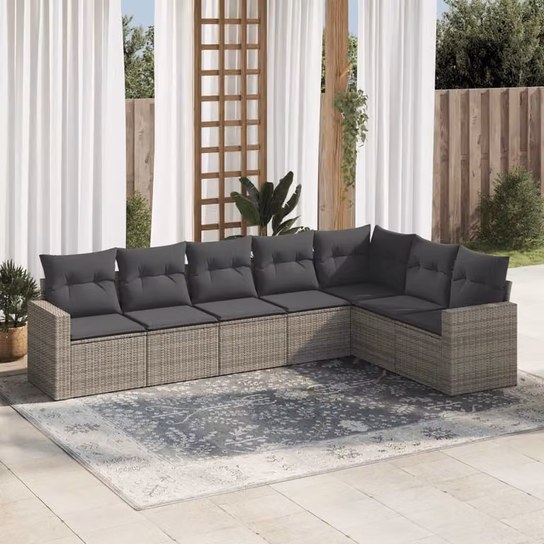 Set di divani da giardino vidaXL a forma di L composto da 7 pezzi in polyrattan grigio con cuscini inclusi
