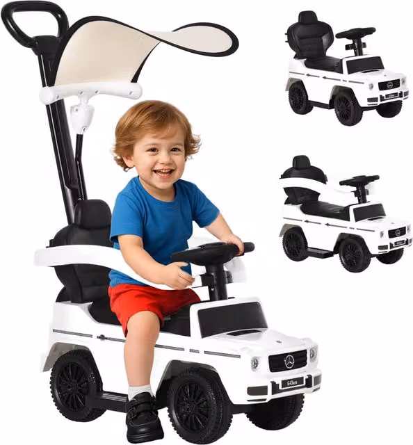 Macchina elettrica Mercedes-Benz G350 per bambini, colore bianco, con tettuccio e maniglia di spinta, L/P/H: 85.5 x 40.5 x 95 cm