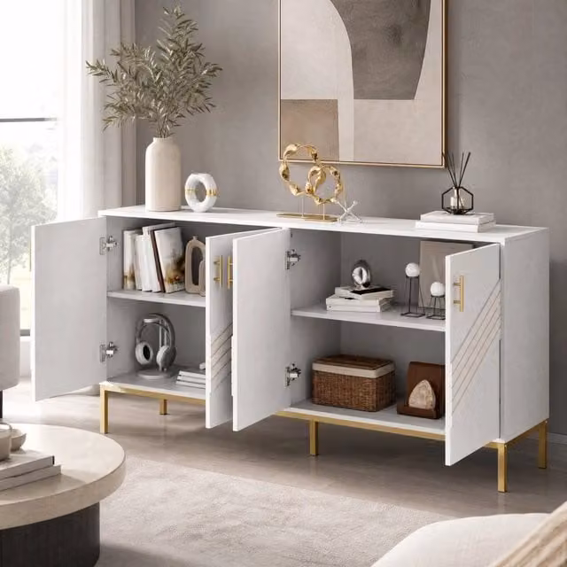 Credenza 160x40x80,5 cm bianca in MDF, 4 ante e ripiani regolabili