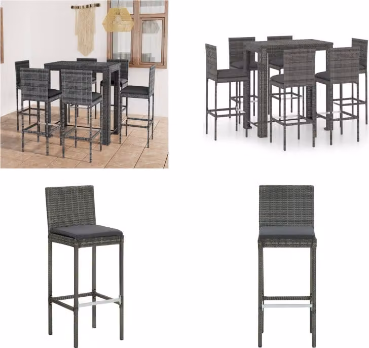 vidaXL Set da bar da giardino 7 pezzi con cuscini in poly rattan grigio - Set da bar - Set da bar - Tavolo e sgabelli da bar - Tavolo da bar