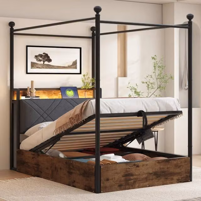 Letto singolo in ferro nero 90x190 cm con baldacchino, contenitore idraulico, LED e porte USB/Type-C