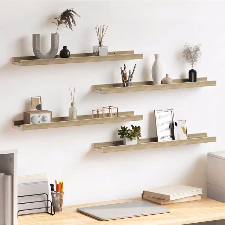 Set di 4 mensole da parete vidaXL in MDF, colore bianco e rovere sonoma, L: 60 cm, P: 9 cm, H: 3 cm