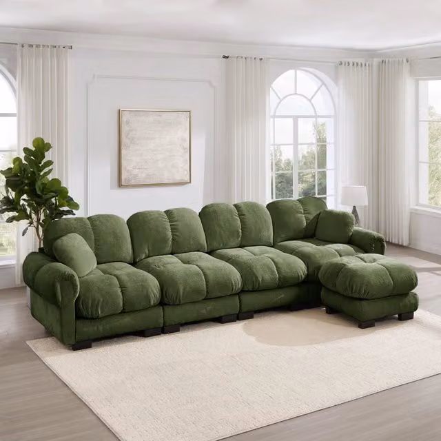Divano angolare modulare 330x149x90 cm con pouf mobile in ciniglia verde