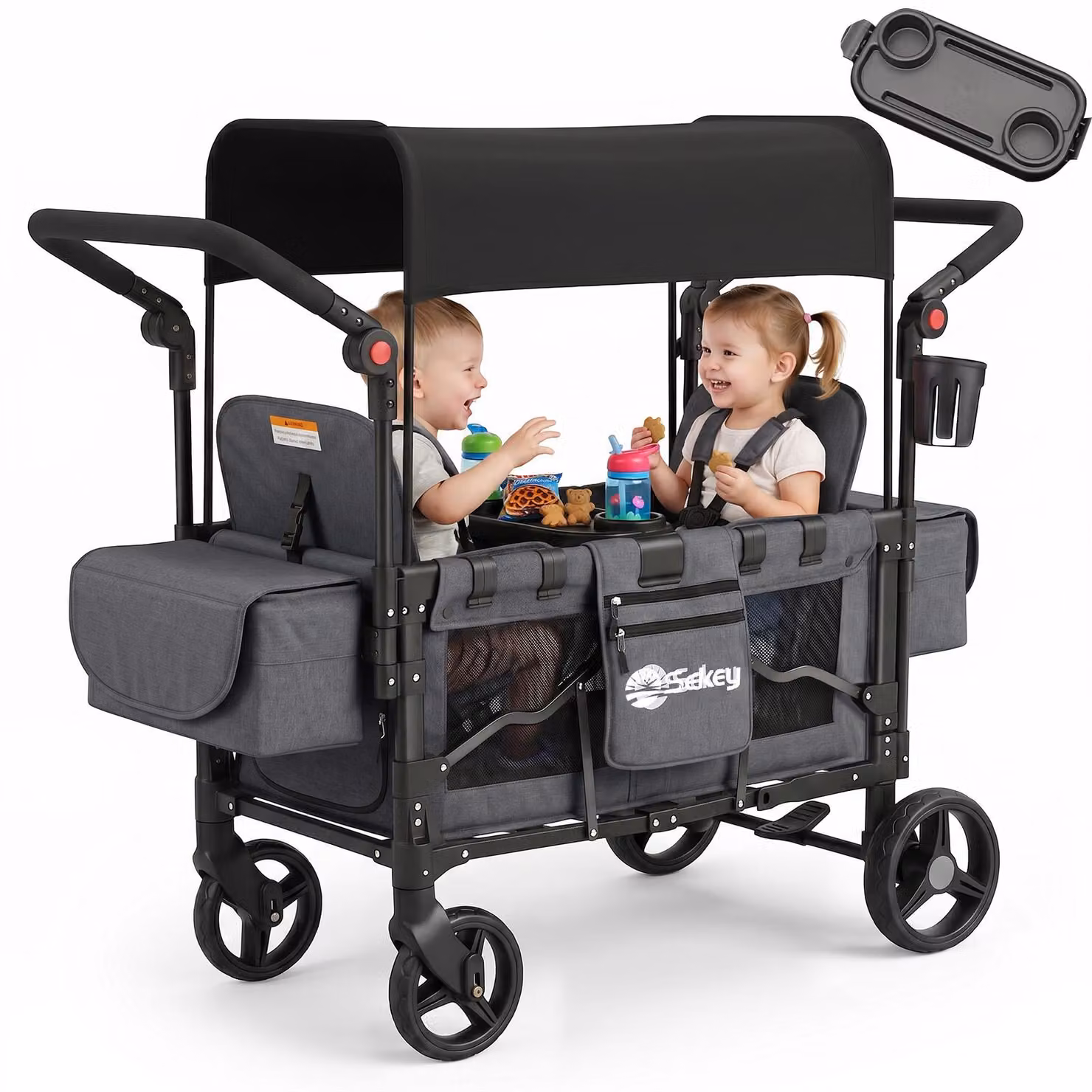 Carrello pieghevole Sekey con tettuccio, modalità gemellare, passeggino a due posti con 2 sistemi di cinture a 5 punti, nero