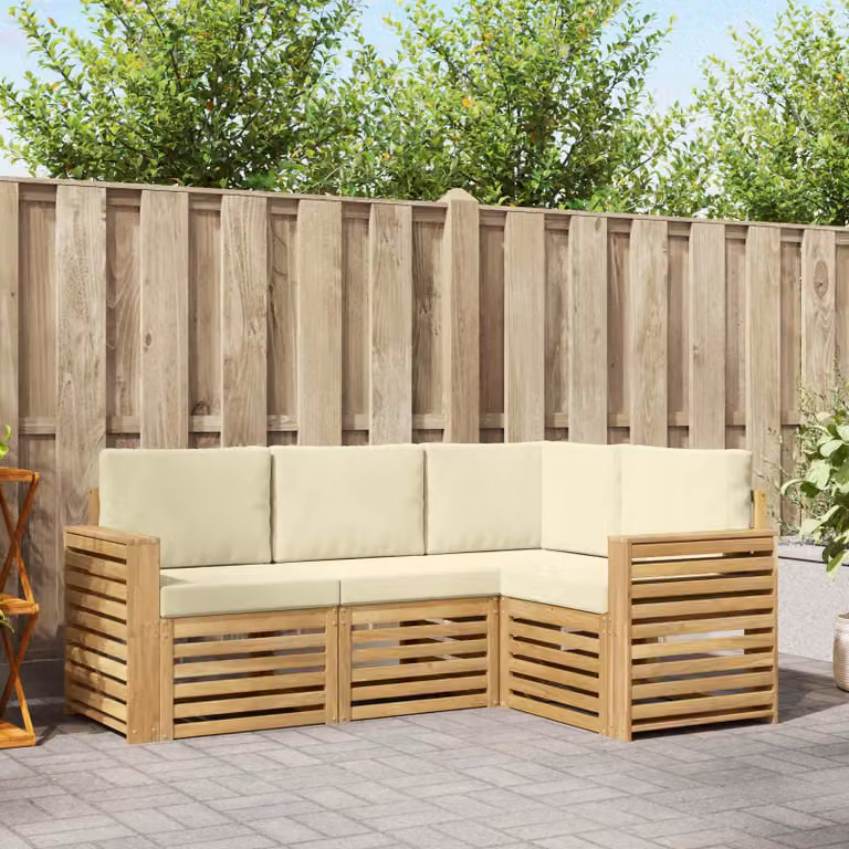 Set di divani da esterno vidaXL 4 pezzi in legno di acacia con cuscini bianchi e beige