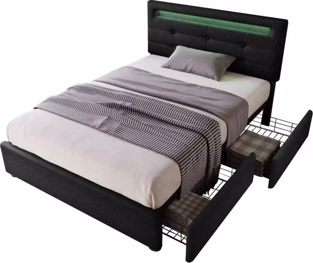 Letto singolo 90 × 200 cm 1 posto con LED regolabile, 2 cassetti e testiera regolabile, senza materasso, nero