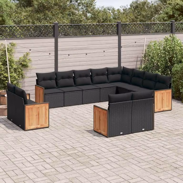 Set di divani da giardino vidaXL 12 pezzi a forma di U in polyrattan nero con cuscini inclusi