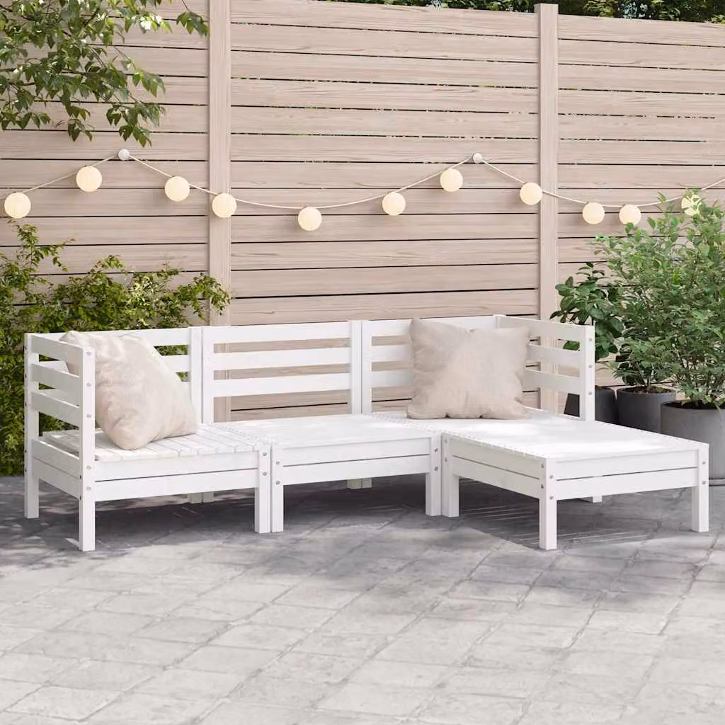 vidaXL Divano da Giardino a L da 3 Posti con Poggiapiedi Bianco in Legno di Pino Massello e Cuscini Inclusi – 1
