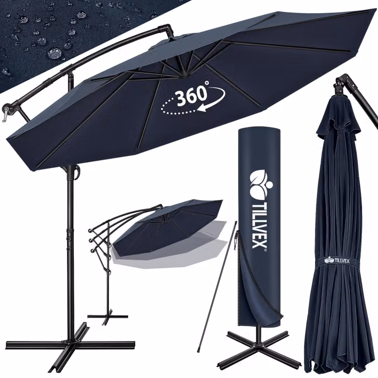 tillvex ombrellone blu navy Ø 350 cm ombrellone pensile da giardino ombrellone da mercato ombrello a manovella balcone alluminio inclinabile