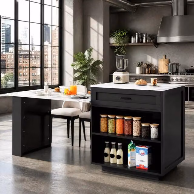 Tavolo alto estensibile ULEVR con ruote bloccabili, cassetto e vani portaoggetti, MDF nero, 70x93,5 cm
