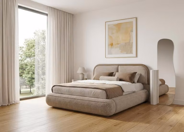 Set per camera da letto: letto, specchio, design moderno, beige, lusso, letto imbottito