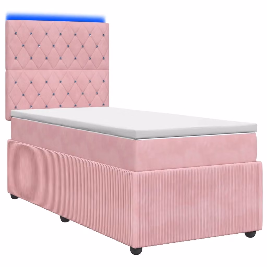 Letto Box Spring vidaXL in Velluto Rosa con Materasso Ibrido e Illuminazione LED, L/P: 100 x 200 cm – 2
