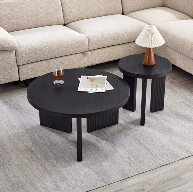 Set di 2 tavolini da caffè rotondi in MDF nero con gambe scanalate