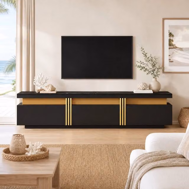 Mobile TV REDOM moderno nero con 3 cassetti e passacavi L/P/H: 200 x 40 x 42 cm – 1