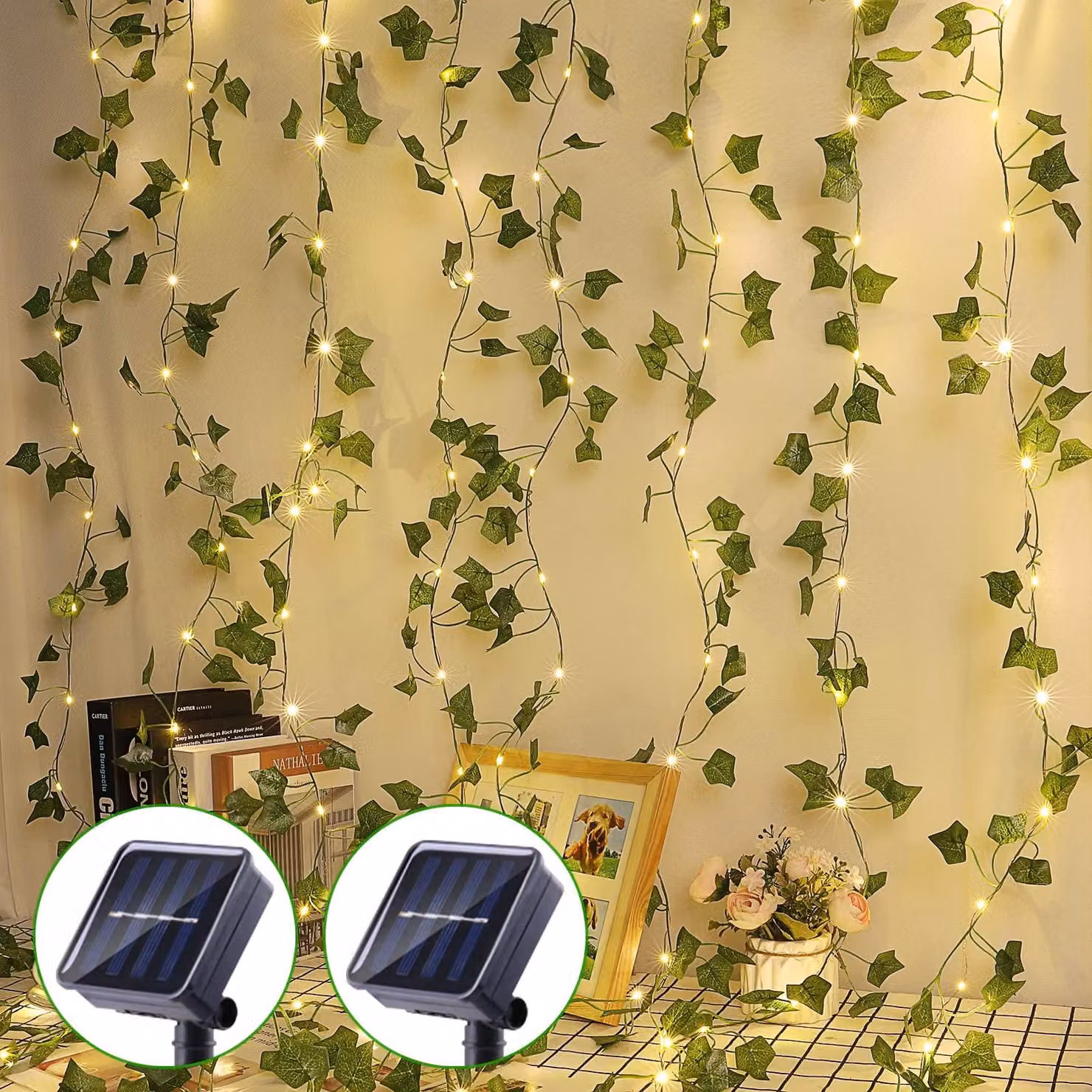 Set di 2 catene luminose solari, 200 LED, 20 metri, edera artificiale, 8 modalità, grado di protezione IP65