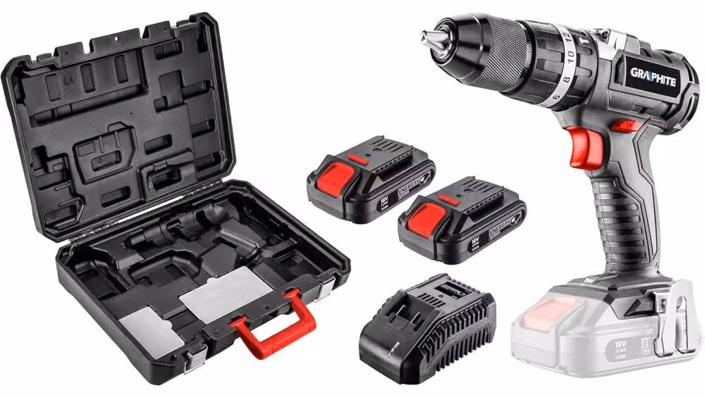Kit GRAPHITE E+: Trapano avvitatore elettrico brushless da 18V con percussione, Li-Ion, 13 mm, 2 batterie da 2Ah, valigetta di ricarica