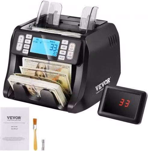 VEVOR Contabanconote con Rilevamento Contraffazioni UV, MG, IR e DD per USD ed EUR, Modalità Add e Batch, Display LCD e Display Esterno, Nero