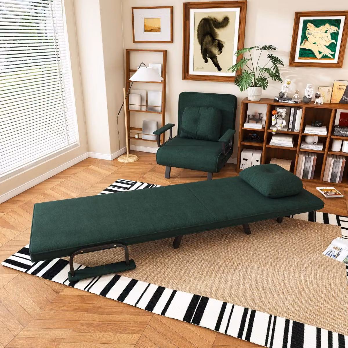 Poltrona reclinabile con funzione relax, schienale regolabile in 5 posizioni, rivestimento in chenille, posizione reclinata a 180°, colore verde scuro