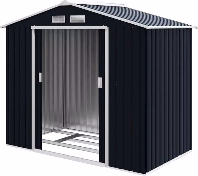 Capanno porta attrezzi da giardino Outsunny in acciaio con 2 porte scorrevoli e 4 prese d'aria, Grigio Scuro, L: 213 cm, P: 130 cm, H: 185 cm