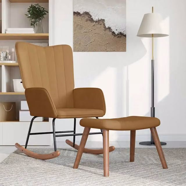 Poltrona a dondolo relax con poggiapiedi in velluto marrone e struttura moderna – 1