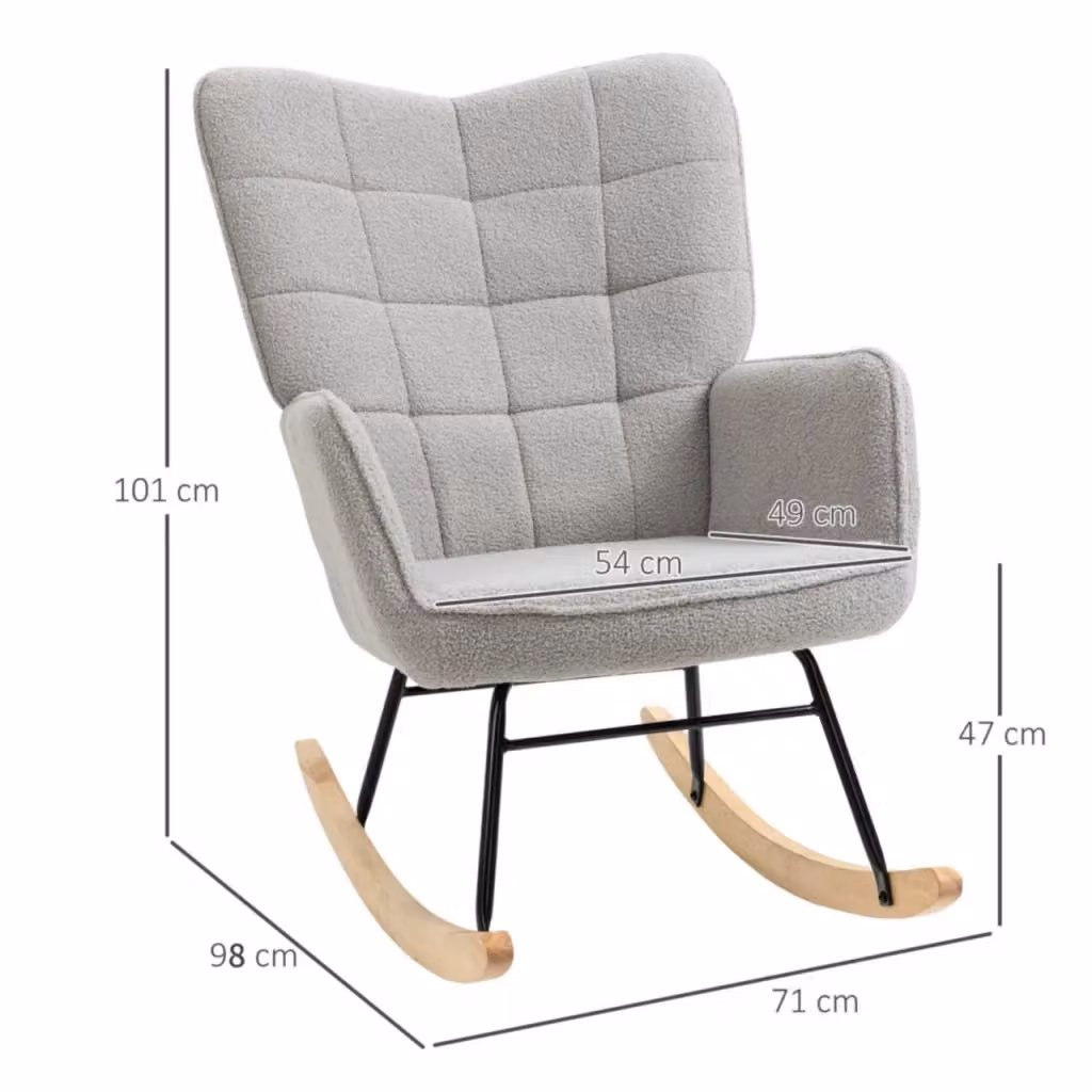 Poltrona a dondolo WISHDOR imbottita in tessuto grigio con struttura in metallo e base in legno di faggio, modello moderno con braccioli – 2