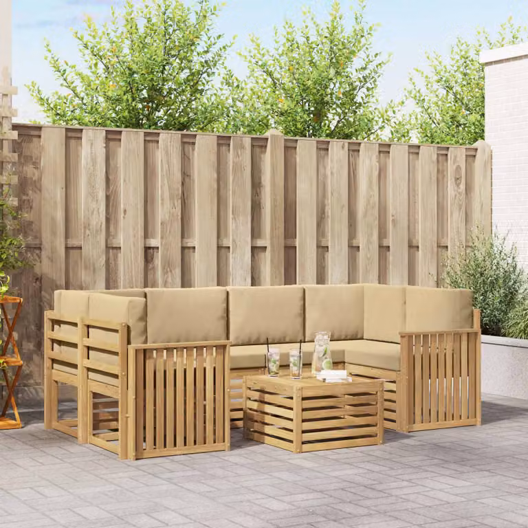 vidaXL Set di divani da esterno a L composto da 7 pezzi con tavolino da caffè, in legno di acacia e tessuto bianco e beige