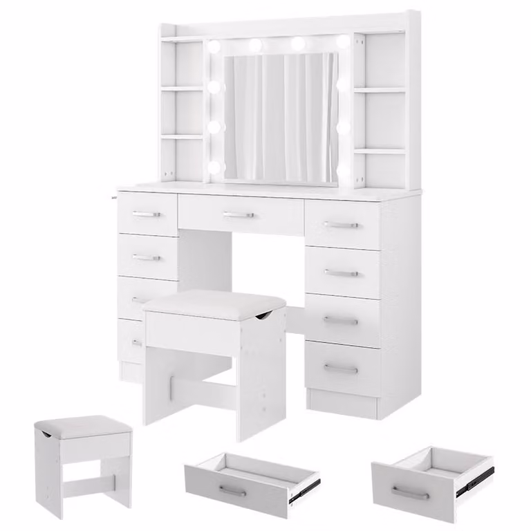 ZELURXX Toeletta bianca 110×40×145 cm con specchio a LED, 10 luci, porta USB, sgabello, supporto per asciugacapelli, 9 cassetti, toeletta in stile hollywoodiano per camera da letto