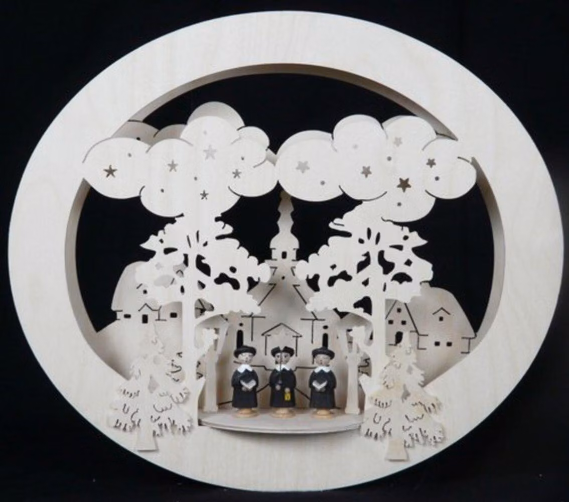 Pannello decorativo per finestra con soggetto religioso (chiesa, coro) e illuminazione. Dimensioni: 34x30x4 cm. Nuovo