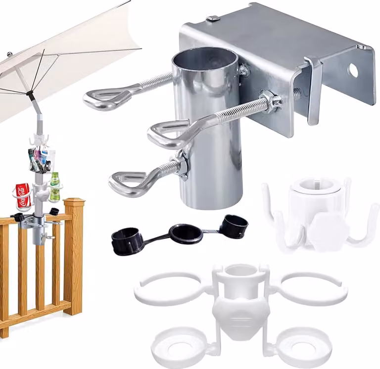 Portaombrello in metallo con morsetto, regolabile, per giardino, balcone, tavolo, supporto per ombrellone