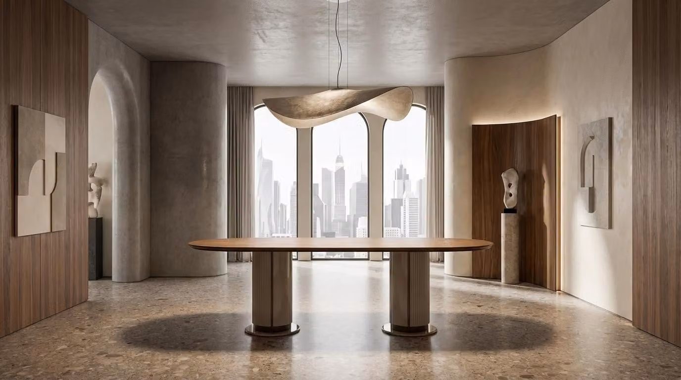 Tavolo da pranzo moderno con piano in legno e gambe di design