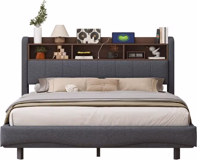 Letto matrimoniale 160x200 cm con LED; USB e USB-C; vano testiera in tessuto grigio
