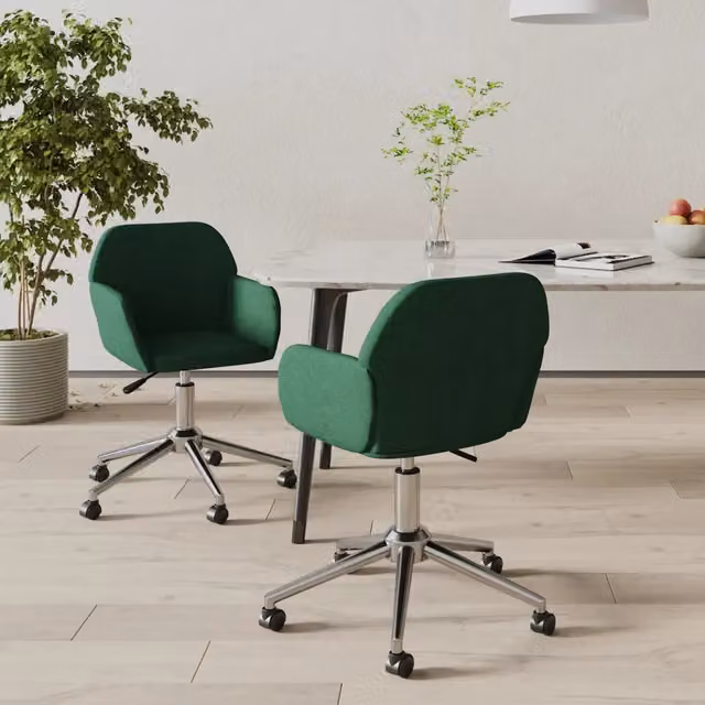 Set di 2 sedie da pranzo girevoli vidaXL in tessuto verde con braccioli e ruote, design moderno per cucina e soggiorno, L: 60,5 cm, P: 54,0 cm, H: 80,5 cm