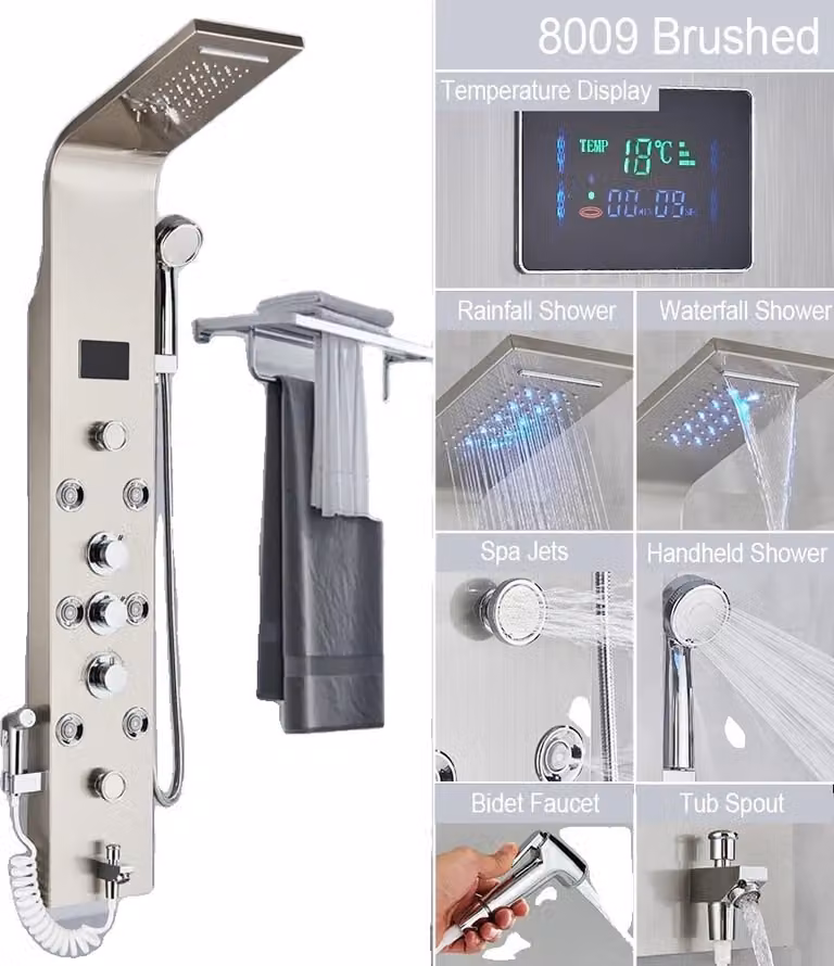 Sistema di pannelli doccia, indicatore di flusso dell'acqua a LED, triplo comando, 8009 spazzolato