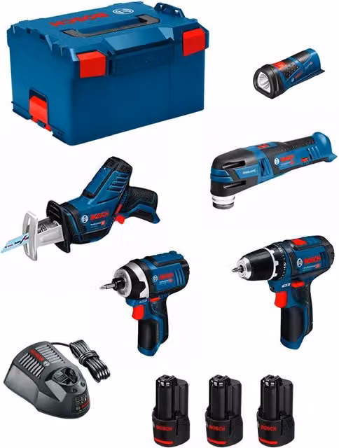 Set Bosch Monster Kit K11 con avvitatore, avvitatore a impulsi, levigatrice, utensili e 3 batterie da 2,0 Ah in blu