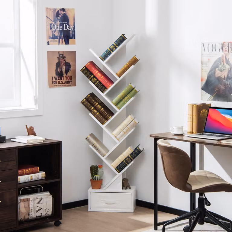 Scaffale ad albero Costway con 10 ripiani e cassetto, mobile da terra moderno in bianco per camera da letto, soggiorno o ufficio