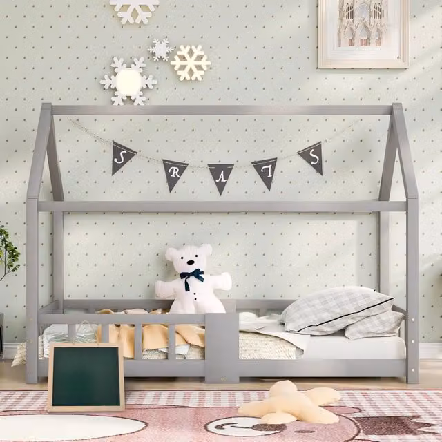 Letto a casetta per bambini 90 x 200 cm, letto in legno per cameretta con lavagna, rete a doghe e sponda di sicurezza, in legno di pino, grigio (senza