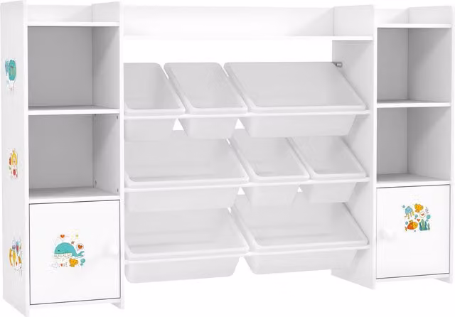 AIYAPLAY Mobile per bambini con 8 casse rimovibili, scaffale per giocattoli bianco, L: 140 cm, P: 30 cm, H: 90 cm