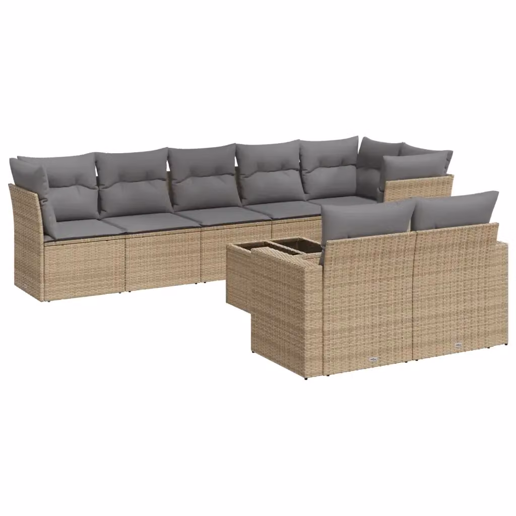 vidaXL Set Divano da Giardino a L 9 pz con Tavolino in Vetro e Cuscini Beige e Grigio – 2