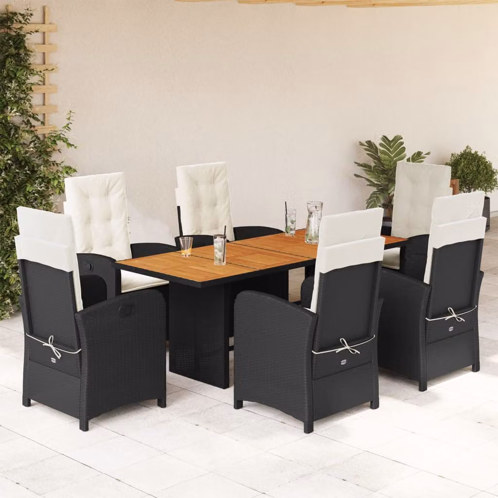 vidaXL Set da Pranzo da Giardino 7 pz in Legno di Acacia e Polyrattan Nero e Marrone con Cuscini – 1