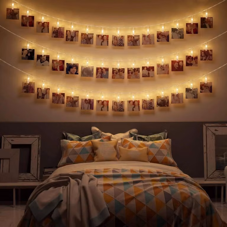 40 clip per foto, luci a LED, catena luminosa, clip per immagini, alimentazione a batteria, telecomando, luce bianco caldo