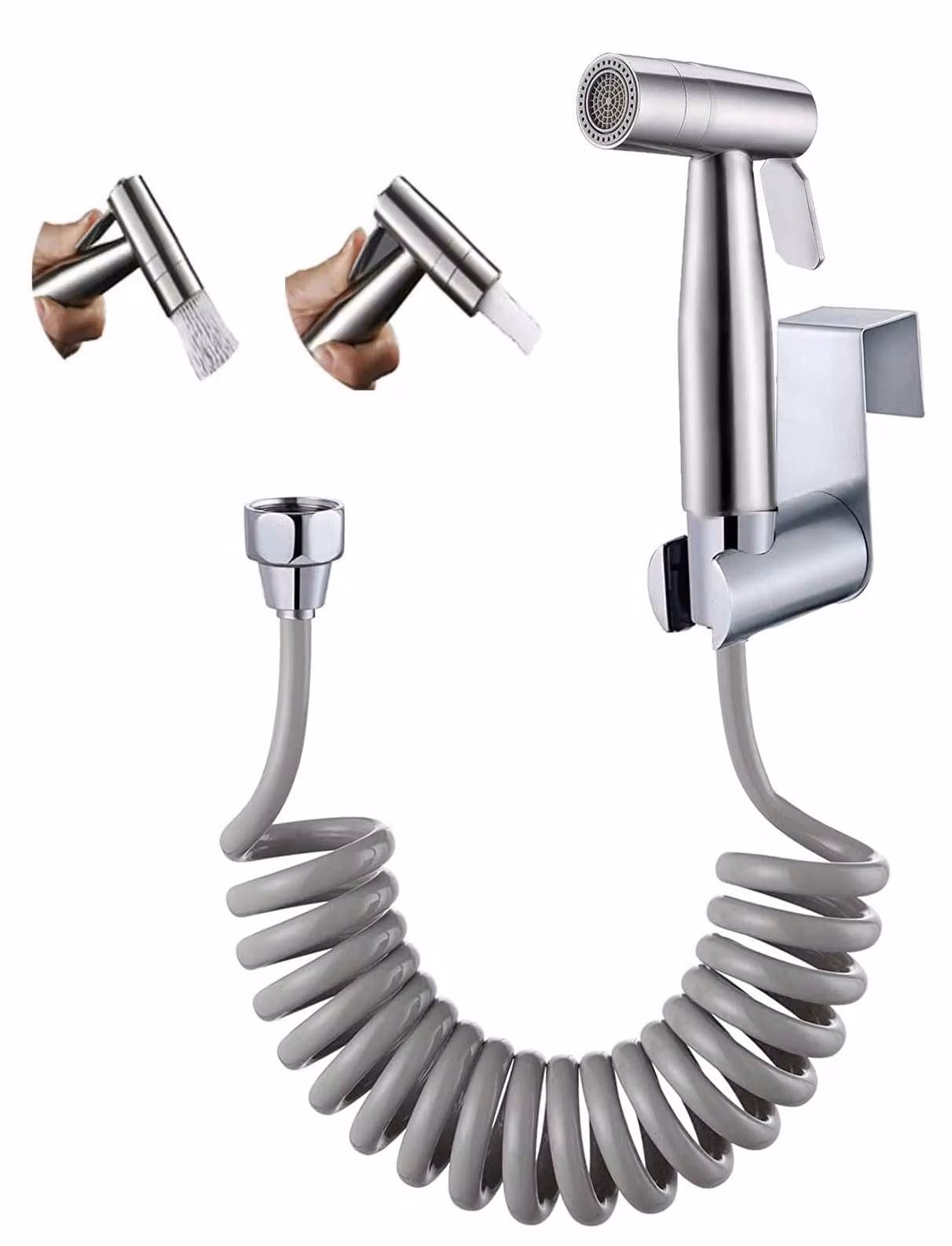 Set doccia e bidet in acciaio inossidabile, completo di flessibile e supporto a parete