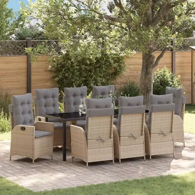 Set da pranzo per giardino e terrazzo vidaXL in polyrattan e vetro, 9 pezzi, beige e nero