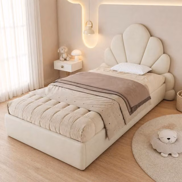 Letto singolo imbottito beige 90x200 cm in velluto con testiera a petali