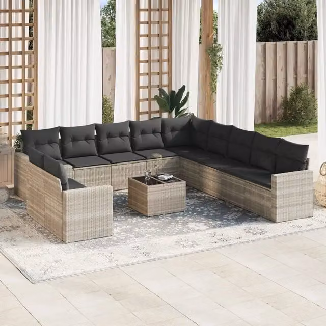Set Divano da Giardino Moderno VIDAXL in Polyrattan Grigio con Cuscini, 12 Pezzi – 1