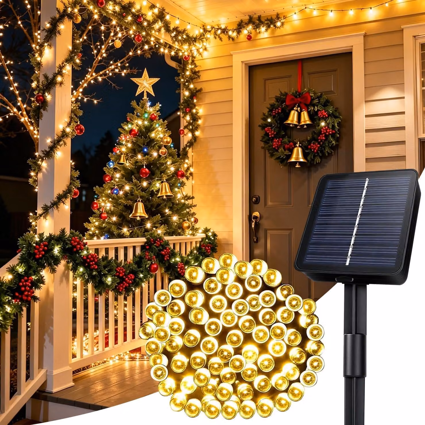 Catena luminosa solare, 5 metri, 50 LED, luce bianco caldo, grado di protezione IP65, 8 modalità, resistente alle intemperie