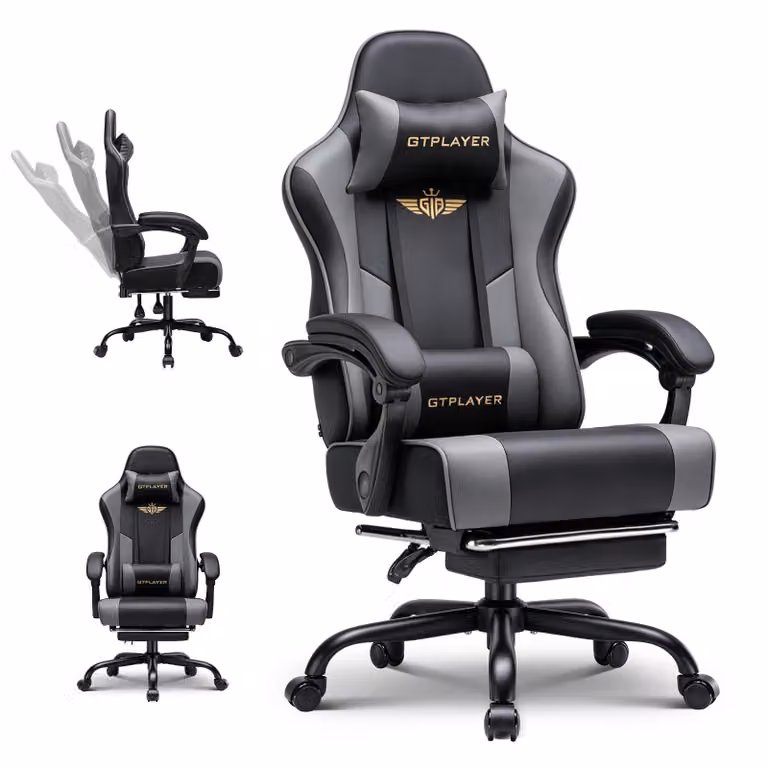 Sedia da gaming GTPLAYER - Sedia da gaming ergonomica con poggiapiedi, poggiatesta e supporto lombare, regolabile in altezza, colore grigio