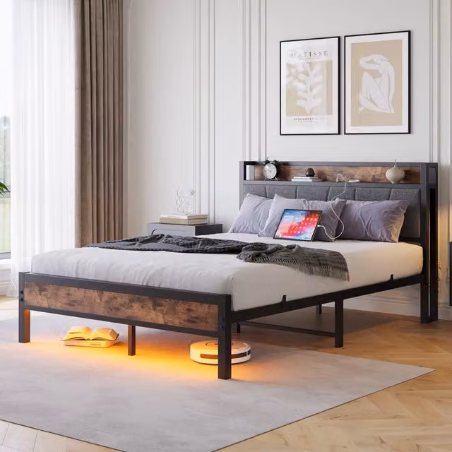 Letto matrimoniale OKWISH con testiera contenitore, illuminazione LED, porte USB e prese integrate, marrone, L/P: 140 x 200 cm