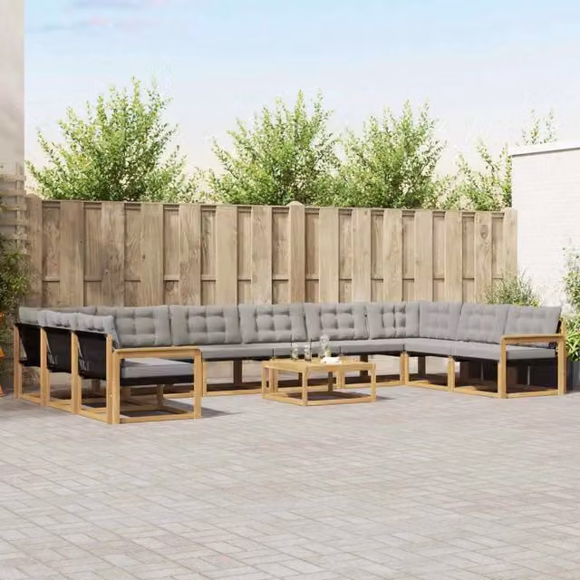 Set di divani da esterno vidaXL a forma di L composto da 11 pezzi in legno di acacia con cuscini bianchi e grigi e tavolino da caffè – 1